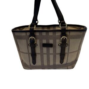Burberry Women’s Handbag Beige & Tan Fabric With Brown Leather Trim Silver Hdwr